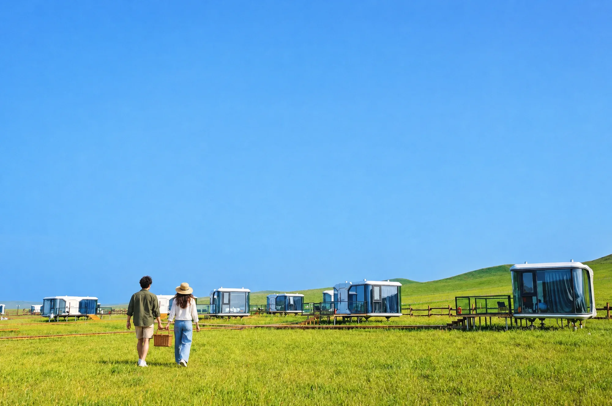 Duas pessoas caminhando no campo até as cápsulas, sob céu azul